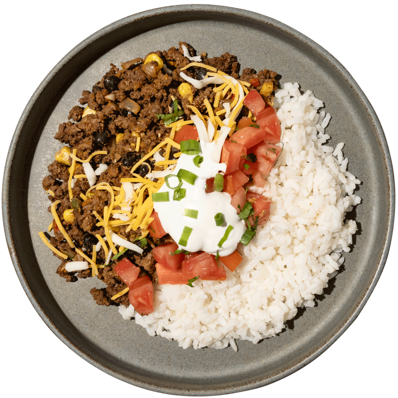 09 - The New Burrito Bowl with Shredded Cheddar, Pico de Gallo and Sour Cream (GF)