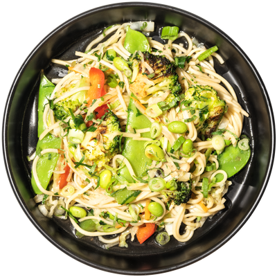 28 - Fideos Lo Mein con Vegetales Asados y Vegano más Sésamo Tostado y Edamame