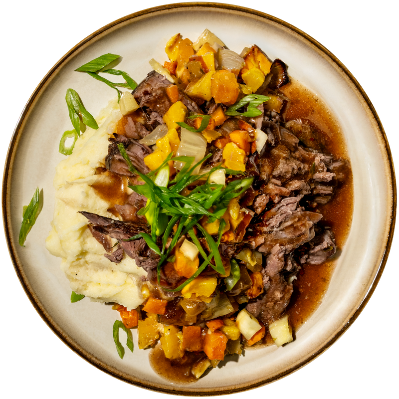 Slow Roasted Braised Beef with Country Mashed Potatoes and Roasted Root Vegetables