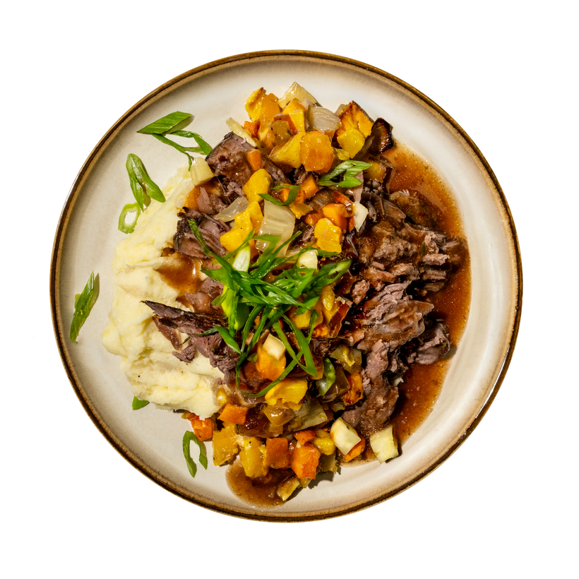 Slow Roasted Braised Beef with Country Mashed Potatoes and Roasted Root Vegetables