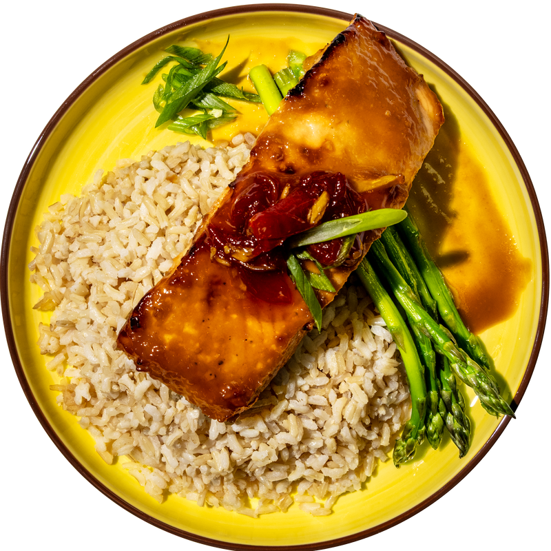 Miso Glazed Salmon with Brown Rice and Tomato Ginger Chutney