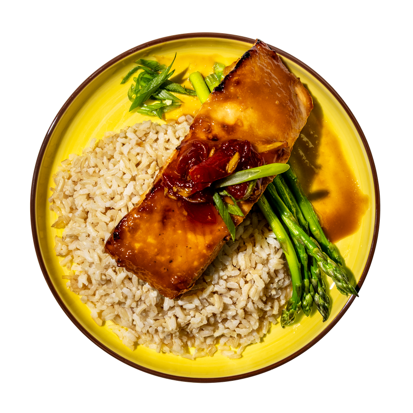Miso Glazed Salmon with Brown Rice and Tomato Ginger Chutney