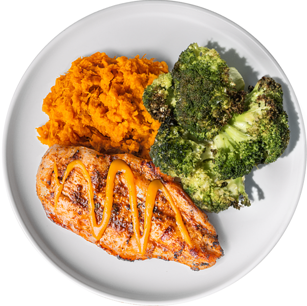 19 - Pollo a la Parrilla Paleo --- con Puré de Camote, Brócoli y Salsa Agria (GF)